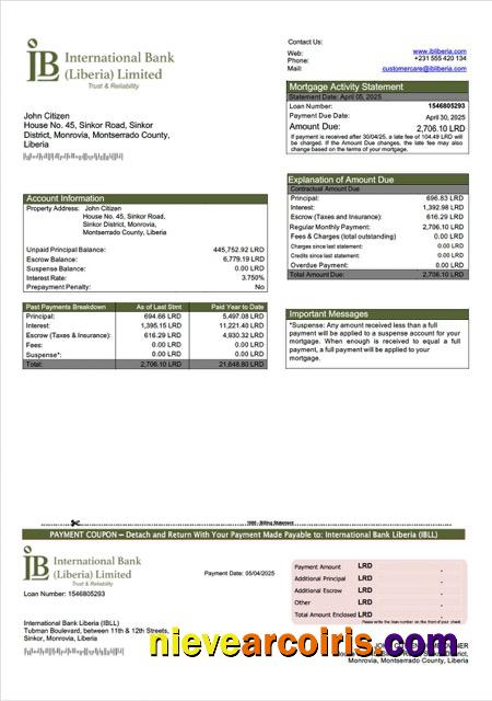 Liberia International Bank Liberia (IBLL) mortgage statement Word and PDF template
